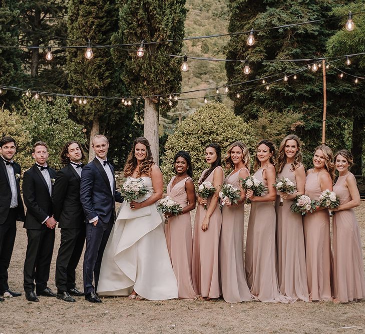 Wedding Party | Bride & Bridesmaids in Monique Lhuillier Gowns | Groomsmen in Tuxedos | Super Luxe Blush, White & Greenery Destination Wedding at Villa Pitiana, Tuscany, Italy | Jason Mark Harris Photography | Angelo La Torre Film