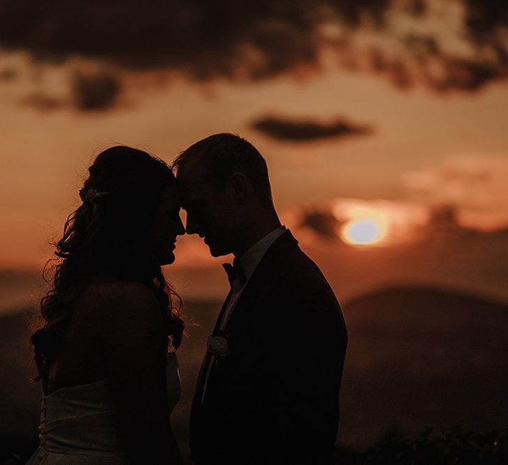 Sunset Portrait | Bride in Monique Lhuillier Gown | Groom in Tuxedo | Super Luxe Blush, White & Greenery Destination Wedding at Villa Pitiana, Tuscany, Italy | Jason Mark Harris Photography | Angelo La Torre Film