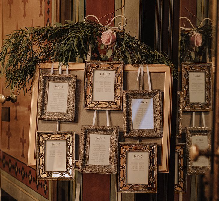 Ornate Photo Frame Table Plan | Super Luxe Blush, White & Greenery Destination Wedding at Villa Pitiana, Tuscany, Italy | Jason Mark Harris Photography | Angelo La Torre Film