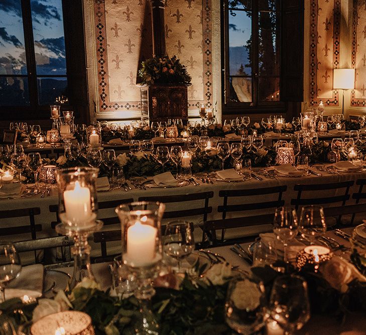 Candle Light Wedding Reception | Super Luxe Blush, White & Greenery Destination Wedding at Villa Pitiana, Tuscany, Italy | Jason Mark Harris Photography | Angelo La Torre Film