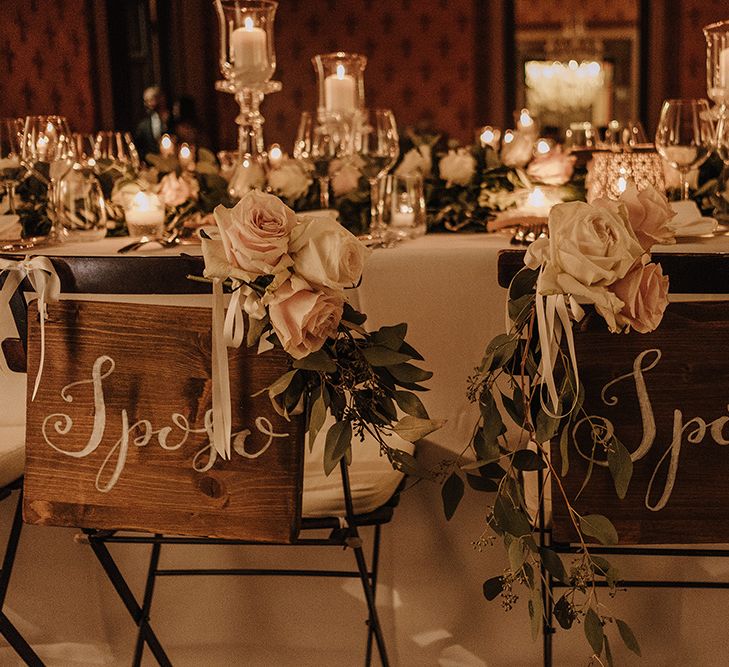 Wooden Chair Back Wedding Decor | Super Luxe Blush, White & Greenery Destination Wedding at Villa Pitiana, Tuscany, Italy | Jason Mark Harris Photography | Angelo La Torre Film