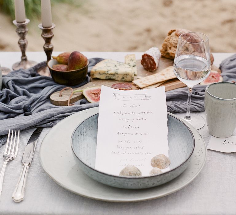 Wedding Tablescape With Grey and Blue Silks and Linens