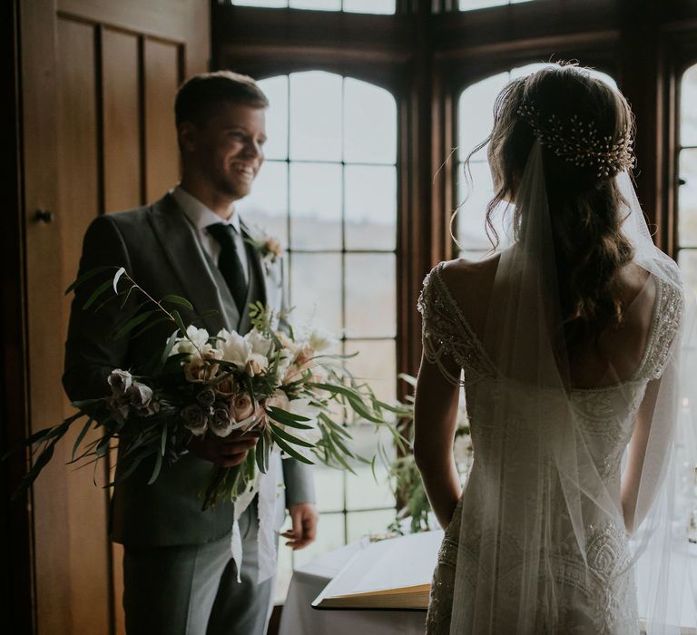 Oversized Wild Wedding Bouquet By Loulabel // Magical Winter Elopement Wedding Cornwall With Images By Enchanted Brides Photography & Film By Baxter And Ted With Styling From A Belle & A Brit