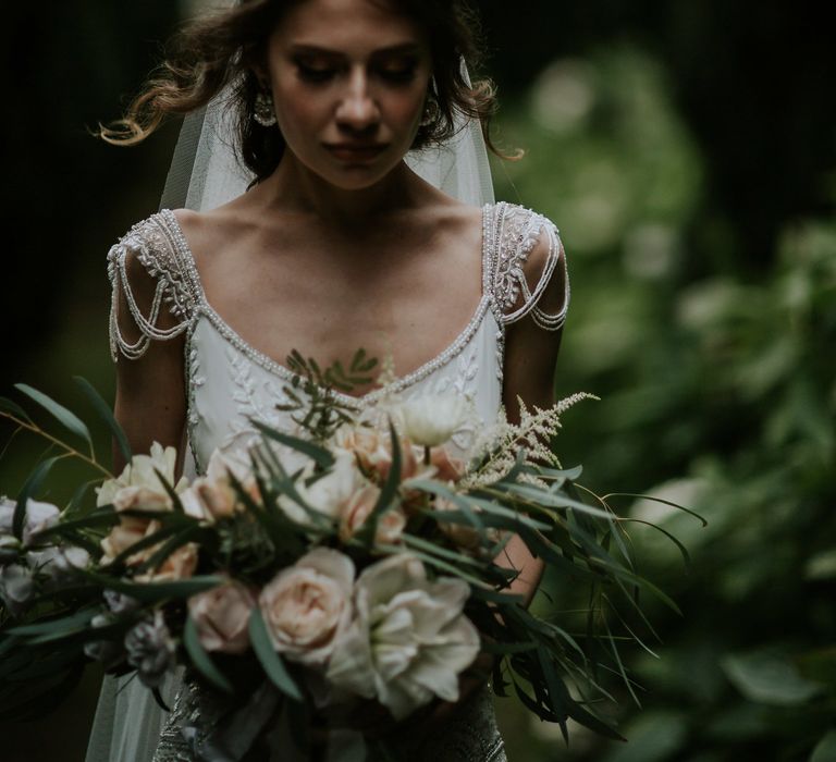 Oversized Wild Wedding Bouquet By Loulabel // Magical Winter Elopement Wedding Cornwall With Images By Enchanted Brides Photography & Film By Baxter And Ted With Styling From A Belle & A Brit