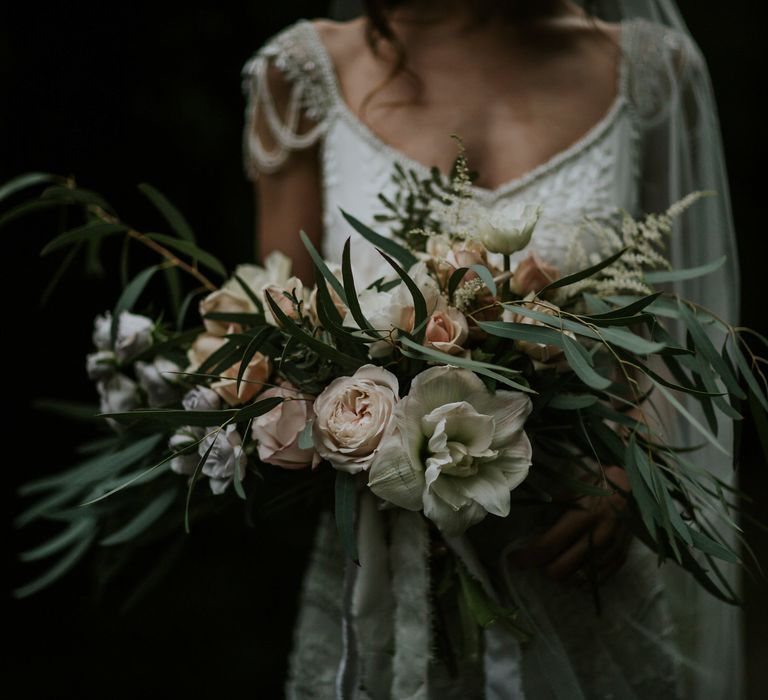 Oversized Wild Wedding Bouquet By Loulabel // Magical Winter Elopement Wedding Cornwall With Images By Enchanted Brides Photography & Film By Baxter And Ted With Styling From A Belle & A Brit