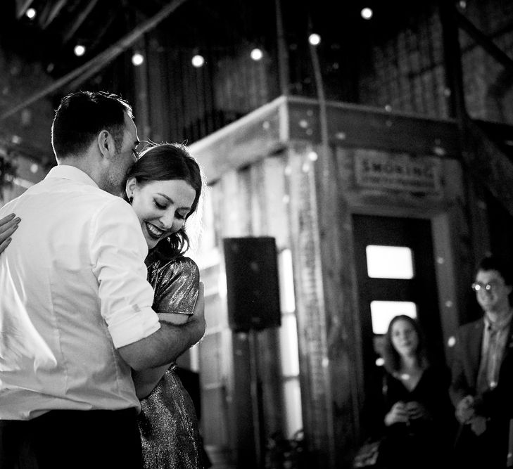 Bride In Metallic Dress For Reception // Relaxed Foodie Wedding At Brixton East Dita Rosted Events Worm London Floral Design