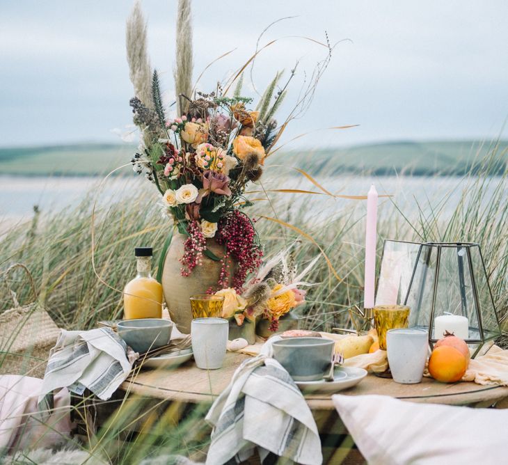 Autumnal Wedding Inspiration At The Coast With Pampas Grass Moon Gate & Drip Icing Cake With Images From Olivia Bossert Photography & Styling By The Artful Event Co