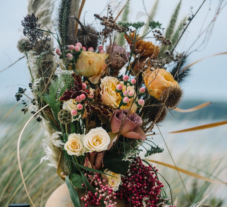 Autumnal Wedding Inspiration At The Coast With Pampas Grass Moon Gate & Drip Icing Cake With Images From Olivia Bossert Photography & Styling By The Artful Event Co