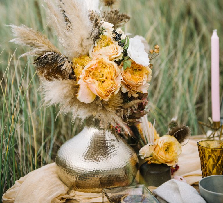 Autumnal Wedding Inspiration At The Coast With Pampas Grass Moon Gate & Drip Icing Cake With Images From Olivia Bossert Photography & Styling By The Artful Event Co