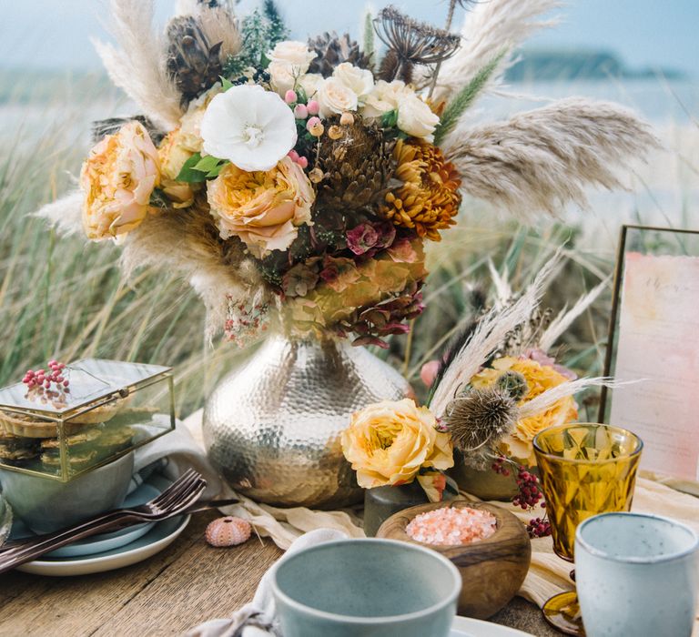 Autumnal Wedding Inspiration At The Coast With Pampas Grass Moon Gate & Drip Icing Cake With Images From Olivia Bossert Photography & Styling By The Artful Event Co