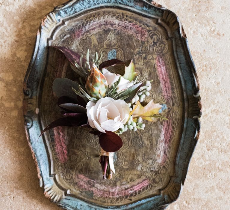 Buttonhole | Autumnal Decadence Wedding Inspiration at Twyning Park Styled by For The Love of Weddings | Red, Gold & Blush Colour Scheme | Captured by Katrina Photography