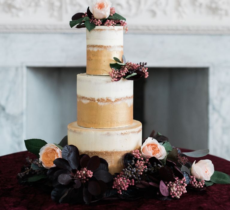 Vanilla Pod Bakery Wedding Cake | Autumnal Decadence Wedding Inspiration at Twyning Park Styled by For The Love of Weddings | Red, Gold & Blush Colour Scheme | Captured by Katrina Photography