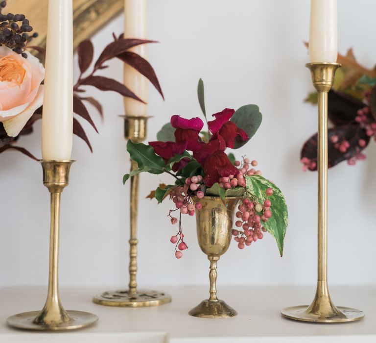 Candle Stick Wedding Decor | Autumnal Decadence Wedding Inspiration at Twyning Park Styled by For The Love of Weddings | Red, Gold & Blush Colour Scheme | Captured by Katrina Photography