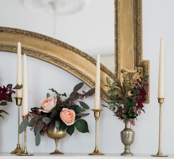 Candle Stick & Floral Wedding Decor | Autumnal Decadence Wedding Inspiration at Twyning Park Styled by For The Love of Weddings | Red, Gold & Blush Colour Scheme | Captured by Katrina Photography