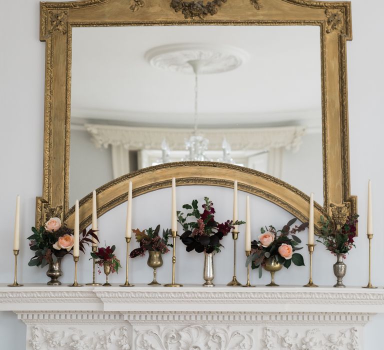 Mantle Piece Wedding Decor | Autumnal Decadence Wedding Inspiration at Twyning Park Styled by For The Love of Weddings | Red, Gold & Blush Colour Scheme | Captured by Katrina Photography