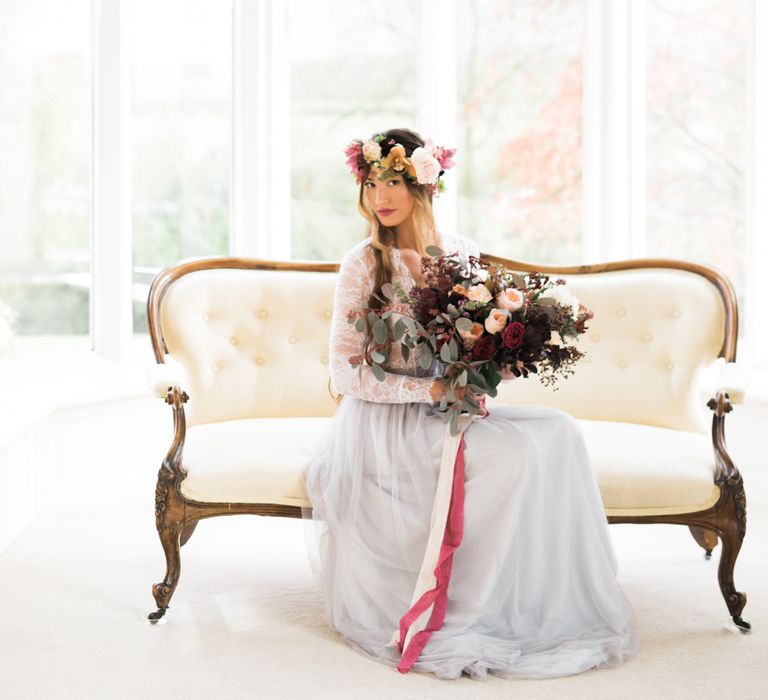 Bride in Flower Crown & Blue Tulle Skirt | Autumnal Decadence Wedding Inspiration at Twyning Park Styled by For The Love of Weddings | Red, Gold & Blush Colour Scheme | Captured by Katrina Photography