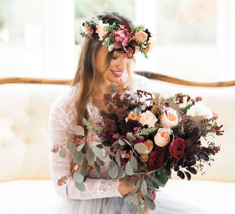 Bridal Beauty with Bouquet & Flower Crown | Autumnal Decadence Wedding Inspiration at Twyning Park Styled by For The Love of Weddings | Red, Gold & Blush Colour Scheme | Captured by Katrina Photography