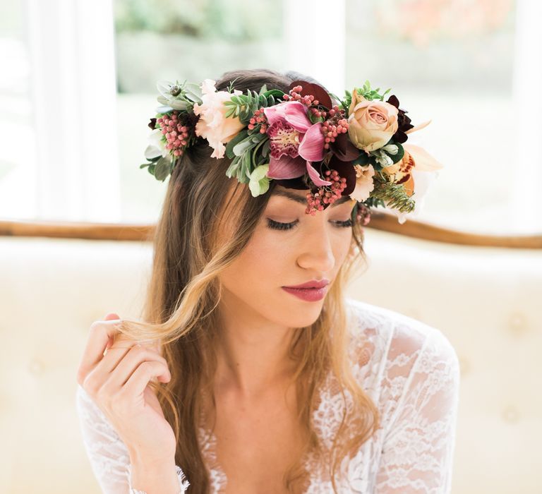 Flower Crown | Autumnal Decadence Wedding Inspiration at Twyning Park Styled by For The Love of Weddings | Red, Gold & Blush Colour Scheme | Captured by Katrina Photography