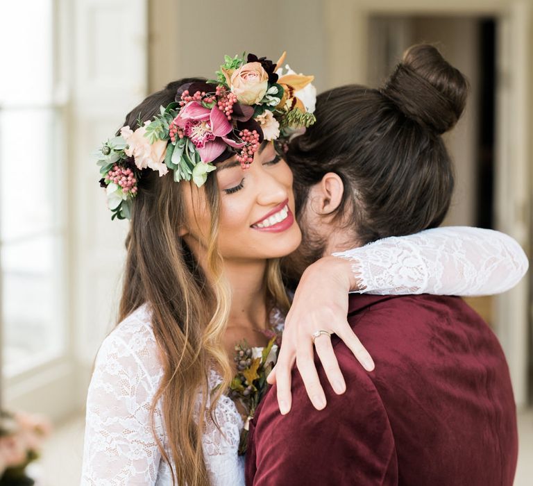 Bride & Groom | Flower Crown | Autumnal Decadence Wedding Inspiration at Twyning Park Styled by For The Love of Weddings | Red, Gold & Blush Colour Scheme | Captured by Katrina Photography