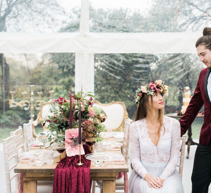 Bride & Groom | Tablescape Decor | Autumnal Decadence Wedding Inspiration at Twyning Park Styled by For The Love of Weddings | Red, Gold & Blush Colour Scheme | Captured by Katrina Photography