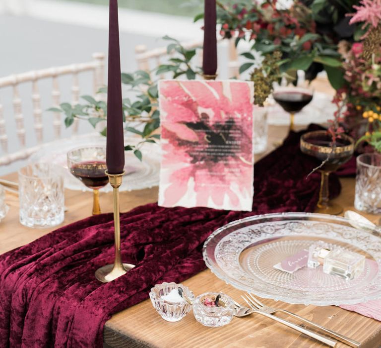 Taper Candles Wedding Stationery & Floral Centrepieces | Autumnal Decadence Wedding Inspiration at Twyning Park Styled by For The Love of Weddings | Red, Gold & Blush Colour Scheme | Captured by Katrina Photography