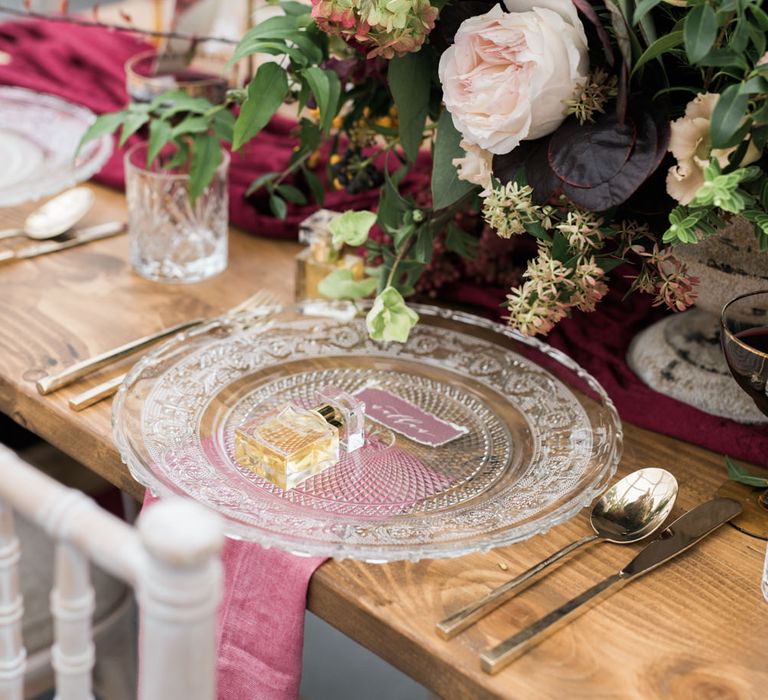 Glass Platter & Scented Wedding Favour | Autumnal Decadence Wedding Inspiration at Twyning Park Styled by For The Love of Weddings | Red, Gold & Blush Colour Scheme | Captured by Katrina Photography