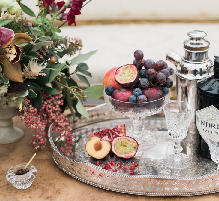 Cocktail Tray with Hendricks Gin | Autumnal Decadence Wedding Inspiration at Twyning Park Styled by For The Love of Weddings | Red, Gold & Blush Colour Scheme | Captured by Katrina Photography