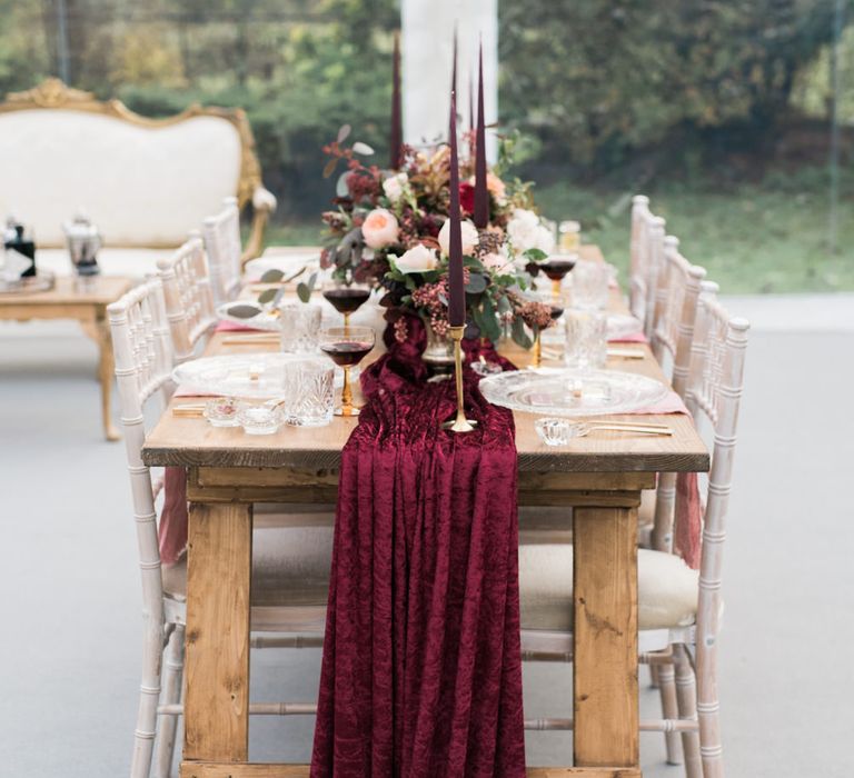 Elegant Tablescape | Autumnal Decadence Wedding Inspiration at Twyning Park Styled by For The Love of Weddings | Red, Gold & Blush Colour Scheme | Captured by Katrina Photography