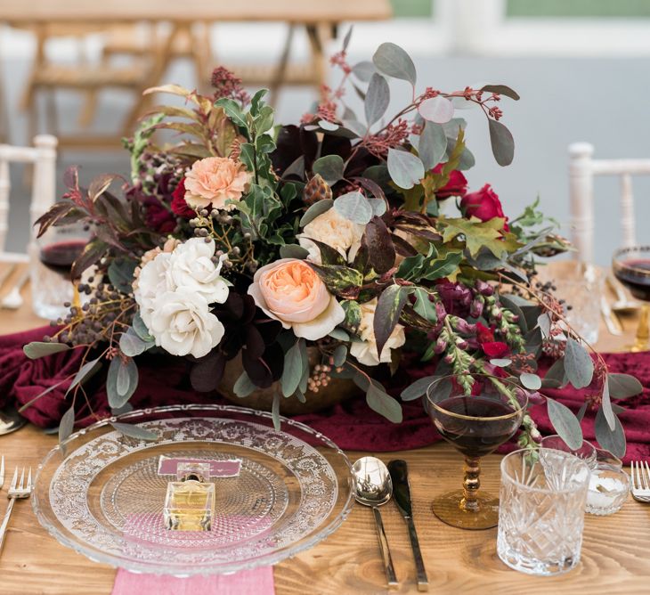 Elegant Glass Place Setting | Autumnal Decadence Wedding Inspiration at Twyning Park Styled by For The Love of Weddings | Red, Gold & Blush Colour Scheme | Captured by Katrina Photography