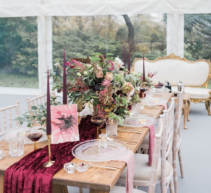 Tabel Scape with Taper Candles & Velvet Runner | Autumnal Decadence Wedding Inspiration at Twyning Park Styled by For The Love of Weddings | Red, Gold & Blush Colour Scheme | Captured by Katrina Photography