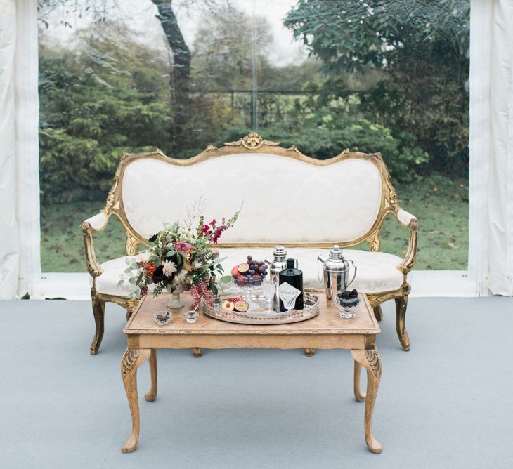 Elegant Soda & Cocktail Area | Autumnal Decadence Wedding Inspiration at Twyning Park Styled by For The Love of Weddings | Red, Gold & Blush Colour Scheme | Captured by Katrina Photography