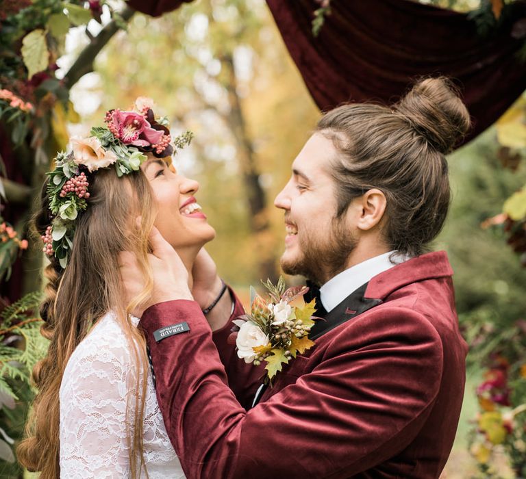 Woodland Floral Arch | Stylish Bride & Groom | Autumnal Decadence Wedding Inspiration at Twyning Park Styled by For The Love of Weddings | Red, Gold & Blush Colour Scheme | Captured by Katrina Photography