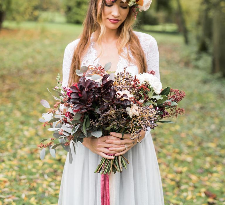 Stylish Bride in Flower Crown | Autumnal Decadence Wedding Inspiration at Twyning Park Styled by For The Love of Weddings | Red, Gold & Blush Colour Scheme | Captured by Katrina Photography