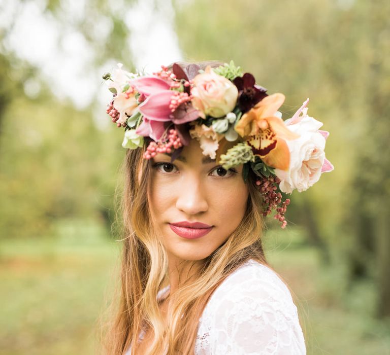 Beautiful Bride in Flower Crown | Autumnal Decadence Wedding Inspiration at Twyning Park Styled by For The Love of Weddings | Red, Gold & Blush Colour Scheme | Captured by Katrina Photography