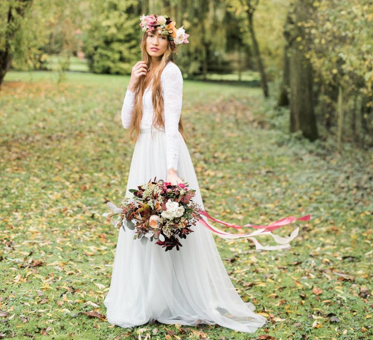 Stylish Bride in in Blue Tulle Skirt | Autumnal Decadence Wedding Inspiration at Twyning Park Styled by For The Love of Weddings | Red, Gold & Blush Colour Scheme | Captured by Katrina Photography