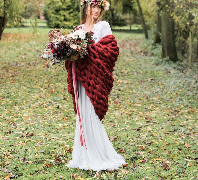 Bride in Giant Wrap | Autumnal Decadence Wedding Inspiration at Twyning Park Styled by For The Love of Weddings | Red, Gold & Blush Colour Scheme | Captured by Katrina Photography