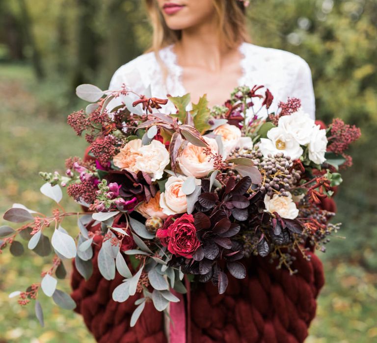 Bride in Giant Wrap & Bouquet | Autumnal Decadence Wedding Inspiration at Twyning Park Styled by For The Love of Weddings | Red, Gold & Blush Colour Scheme | Captured by Katrina Photography