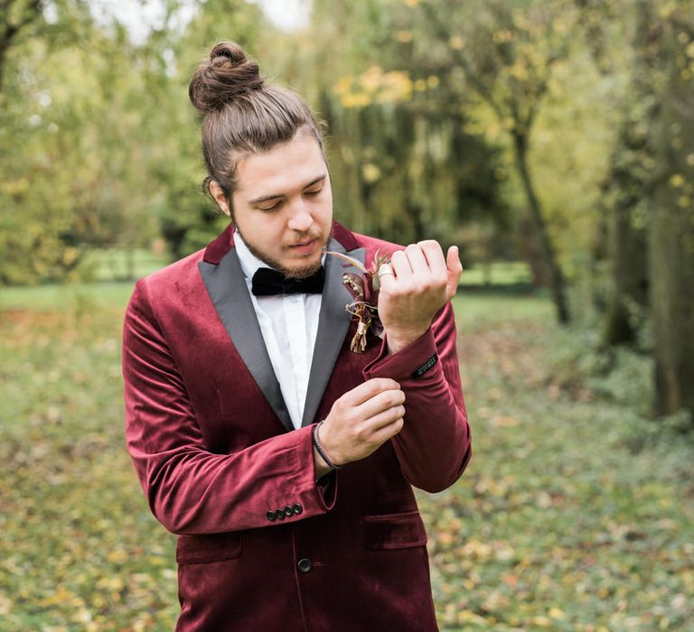 Groom in Red Velvet Lounge Jacket | Autumnal Decadence Wedding Inspiration at Twyning Park Styled by For The Love of Weddings | Red, Gold & Blush Colour Scheme | Captured by Katrina Photography