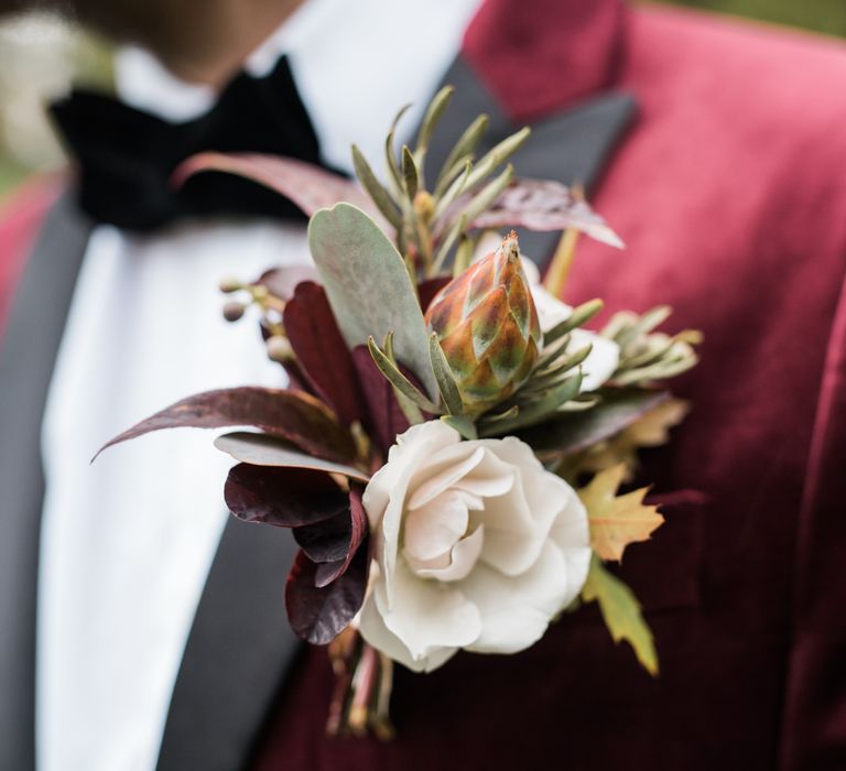 Buttonhole | Autumnal Decadence Wedding Inspiration at Twyning Park Styled by For The Love of Weddings | Red, Gold & Blush Colour Scheme | Captured by Katrina Photography