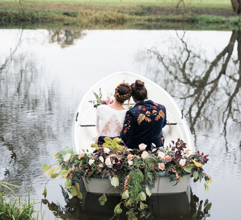 Bride & Groom Boat Portrait | Autumnal Decadence Wedding Inspiration at Twyning Park Styled by For The Love of Weddings | Red, Gold & Blush Colour Scheme | Captured by Katrina Photography