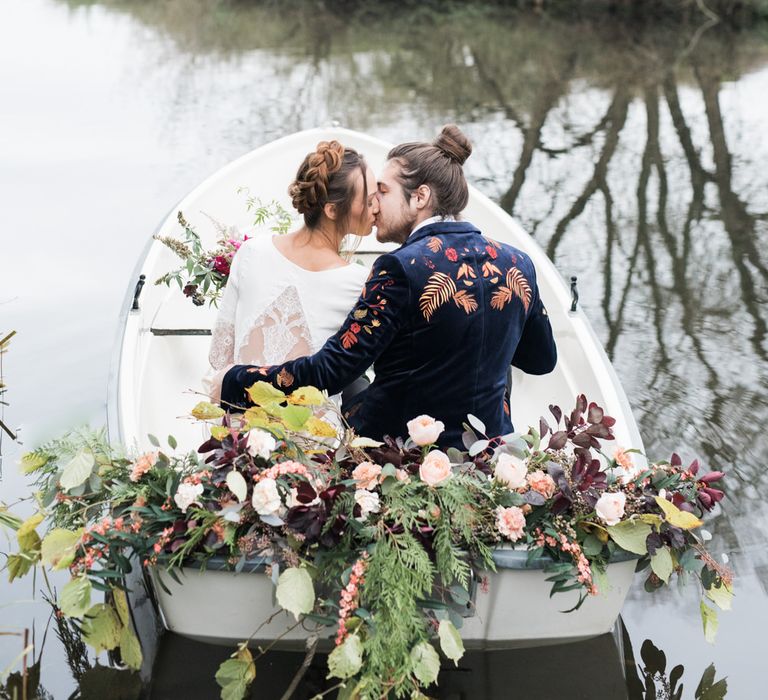 Bride & Groom Boat Portrait | Autumnal Decadence Wedding Inspiration at Twyning Park Styled by For The Love of Weddings | Red, Gold & Blush Colour Scheme | Captured by Katrina Photography