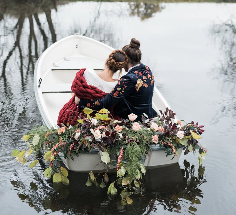 Bride & Groom Boat Transport | Autumnal Decadence Wedding Inspiration at Twyning Park Styled by For The Love of Weddings | Red, Gold & Blush Colour Scheme | Captured by Katrina Photography