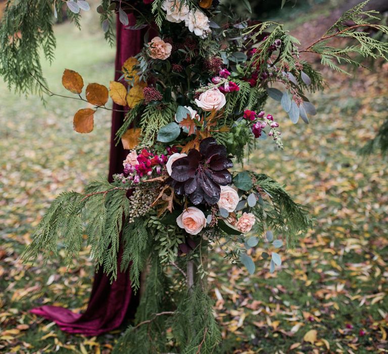 Floral Arch Flowers | Autumnal Decadence Wedding Inspiration at Twyning Park Styled by For The Love of Weddings | Red, Gold & Blush Colour Scheme | Captured by Katrina Photography