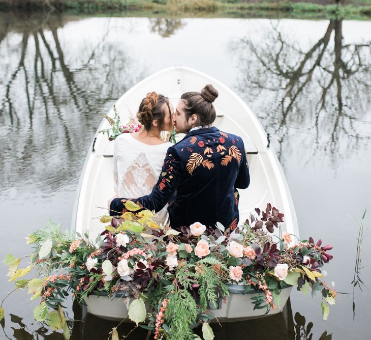 Brid e& Groom on a Boat | Autumnal Decadence Wedding Inspiration at Twyning Park Styled by For The Love of Weddings | Red, Gold & Blush Colour Scheme | Captured by Katrina Photography