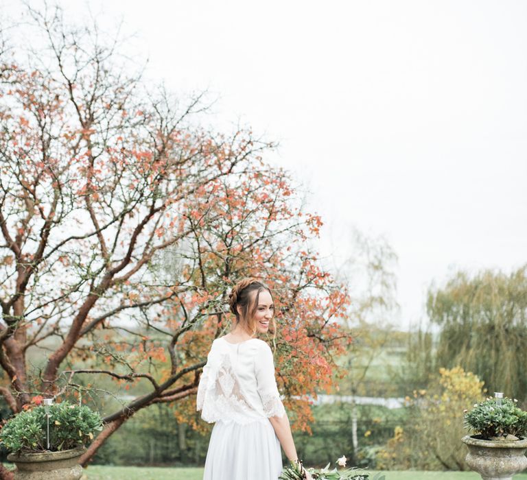 Bride in Lace Back Top | Autumnal Decadence Wedding Inspiration at Twyning Park Styled by For The Love of Weddings | Red, Gold & Blush Colour Scheme | Captured by Katrina Photography