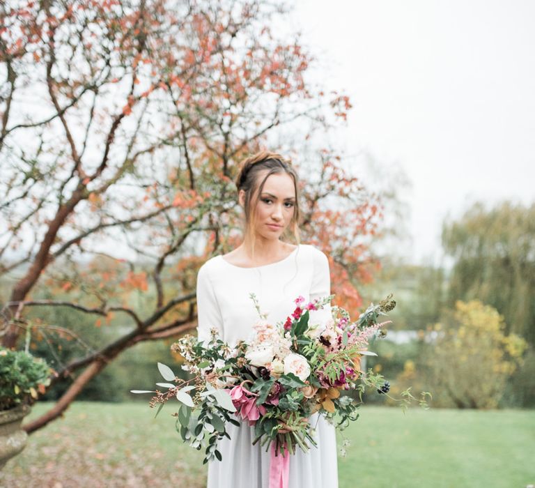 Bride in Blue Tulle Skirt & Lace Top | Autumnal Decadence Wedding Inspiration at Twyning Park Styled by For The Love of Weddings | Red, Gold & Blush Colour Scheme | Captured by Katrina Photography