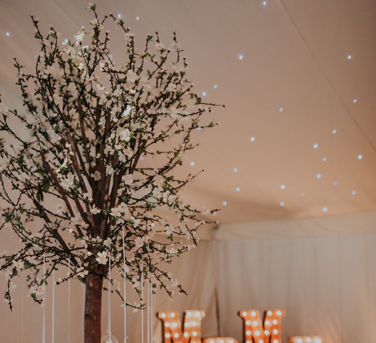 Mr & Mrs Light Up Letters // Colourful Spring Wedding At Iscoyd Park With Coral Charm Peonies And Bride In Pronovias Images From Kate Gray Photography