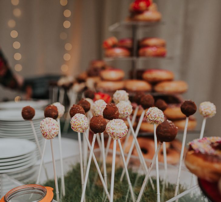 Cake Pop & Donut Dessert Table For Wedding // Colourful Spring Wedding At Iscoyd Park With Coral Charm Peonies And Bride In Pronovias Images From Kate Gray Photography