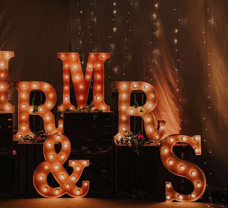 Mr & Mrs Light Up Letters // Colourful Spring Wedding At Iscoyd Park With Coral Charm Peonies And Bride In Pronovias Images From Kate Gray Photography