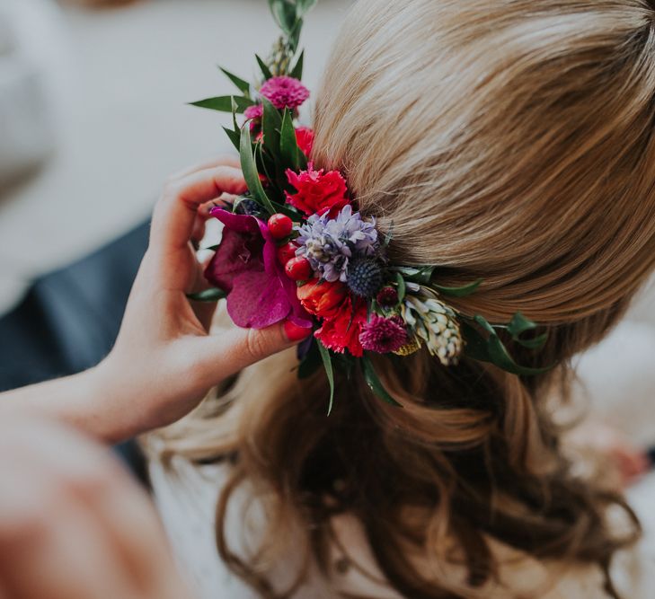 Bright Flowers For Bridal Hair // Colourful Spring Wedding At Iscoyd Park With Coral Charm Peonies And Bride In Pronovias Images From Kate Gray Photography